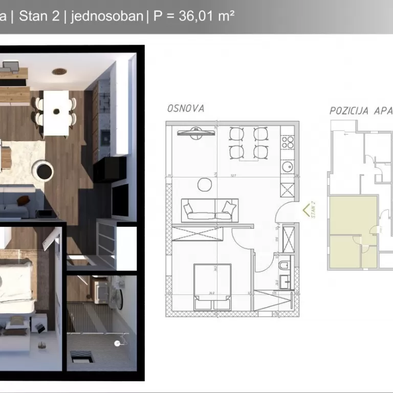 Skica jednosobnog stana povrsine 36m2