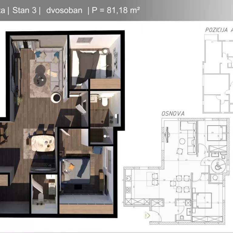 Skica dvosobnog stana povrsine 81m2