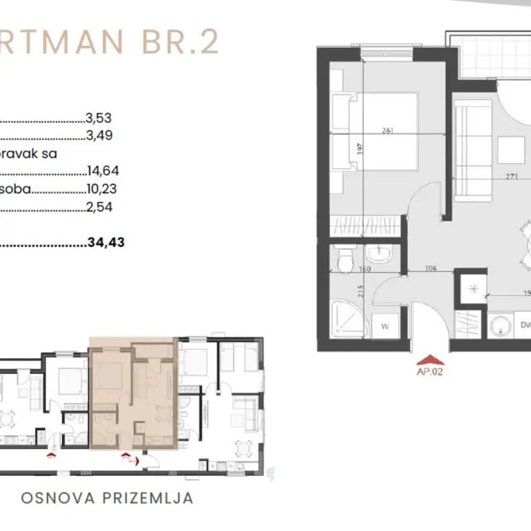 Skica stana od 35m2 i njegova pozicija 