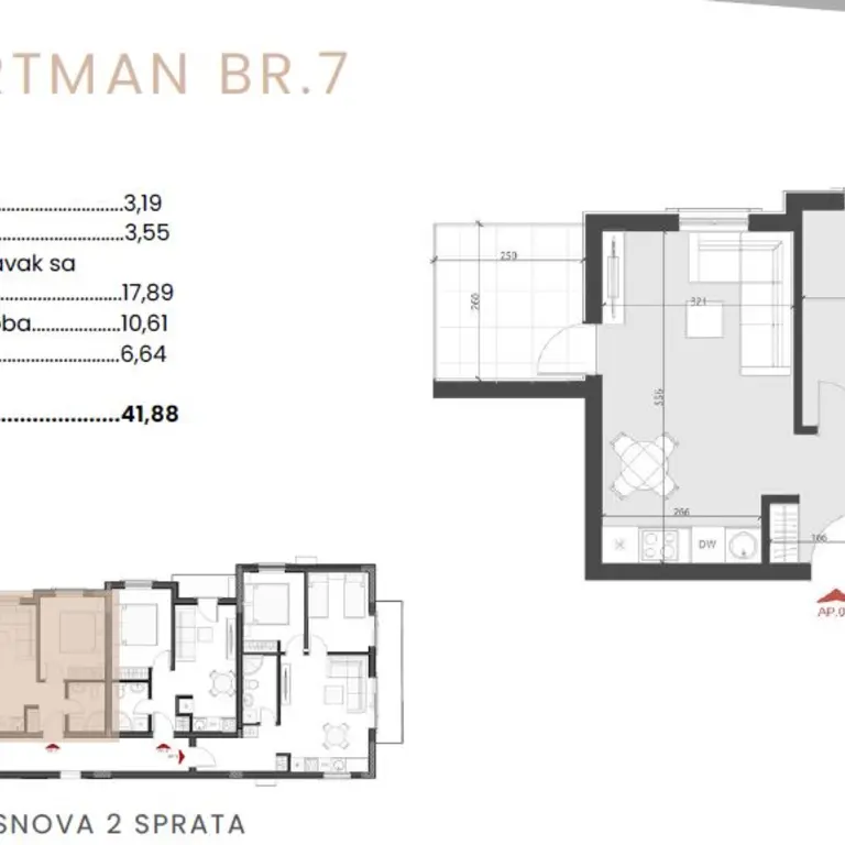 Skica stana od 42m2 i njegova pozicija 