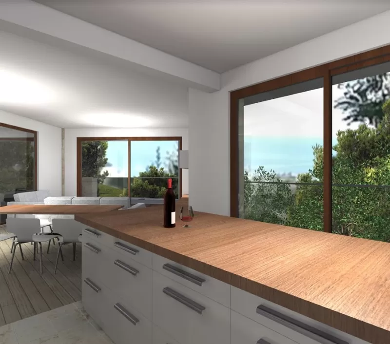 Idejno resenje kuhinje i dnevnog boravka sa francuskim prozorima
