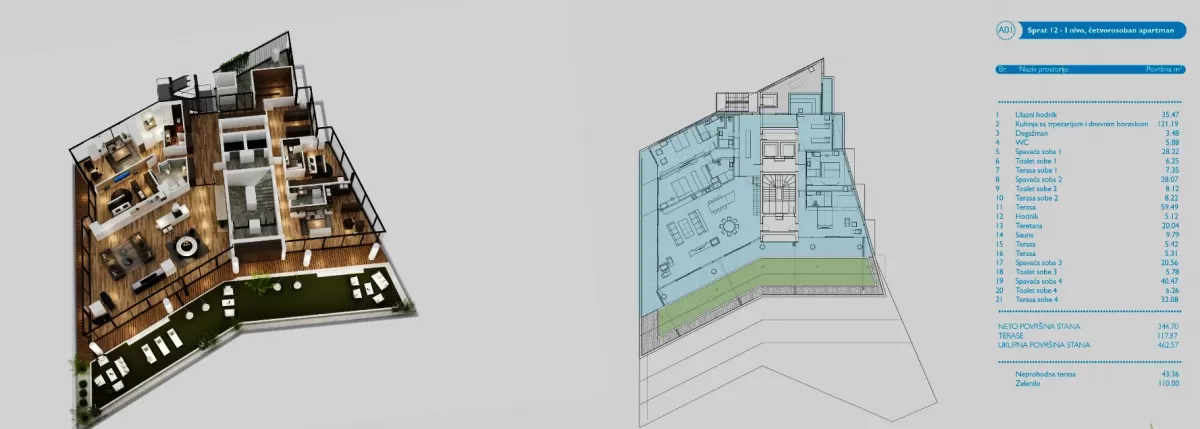 Penthaus na 12 spratu povrsine 345m2+ 118m2 terase 