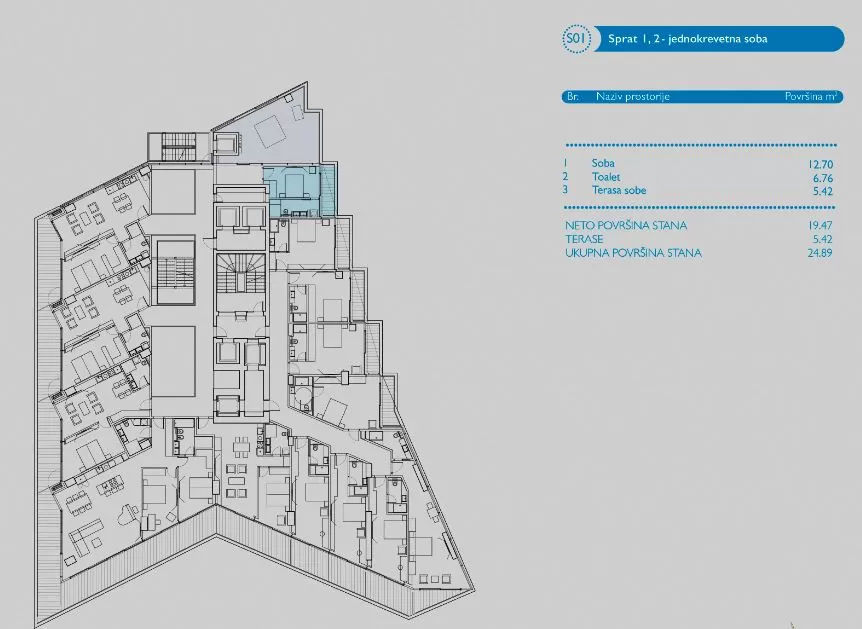 Jednokrevetna soba povrsine 25m2