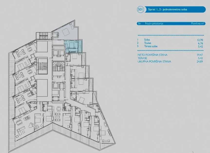 Jednokrevetna soba povrsine 25m2
