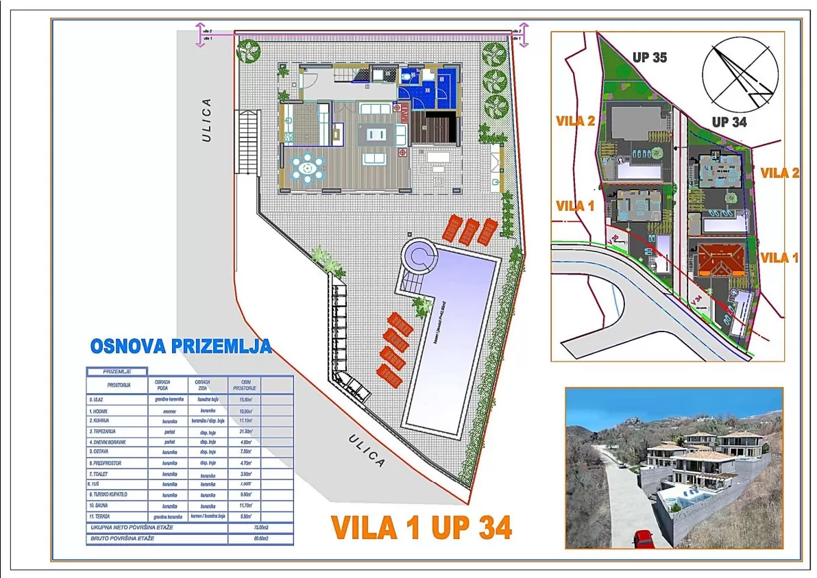 Skica prizemlja i raspored prostorija vile 1 UP 34