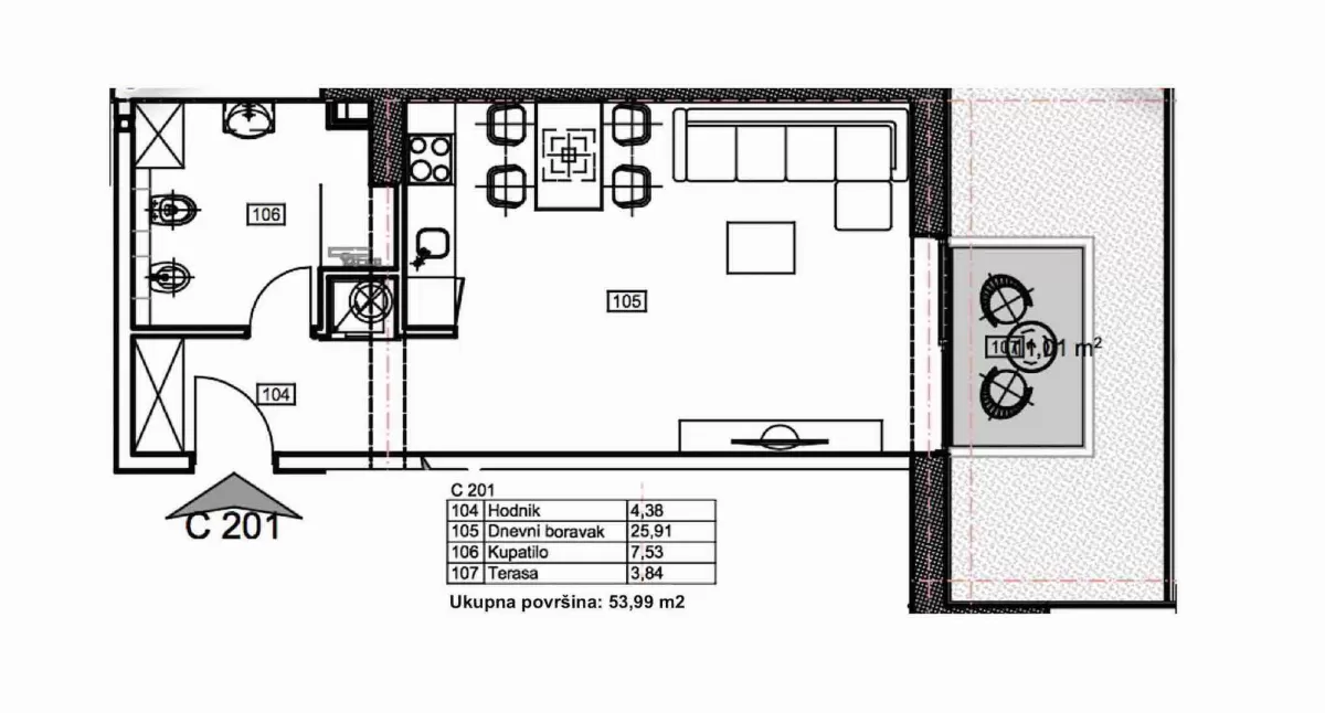 Skica studio apartmana i raspored prostorija