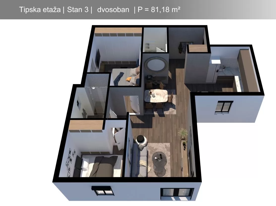 Raspored prostorija stana povrsine 81m2