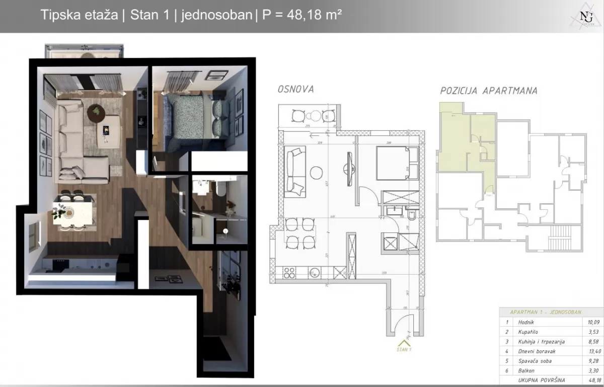 Skica jednosobnog stana povrsine 48m2