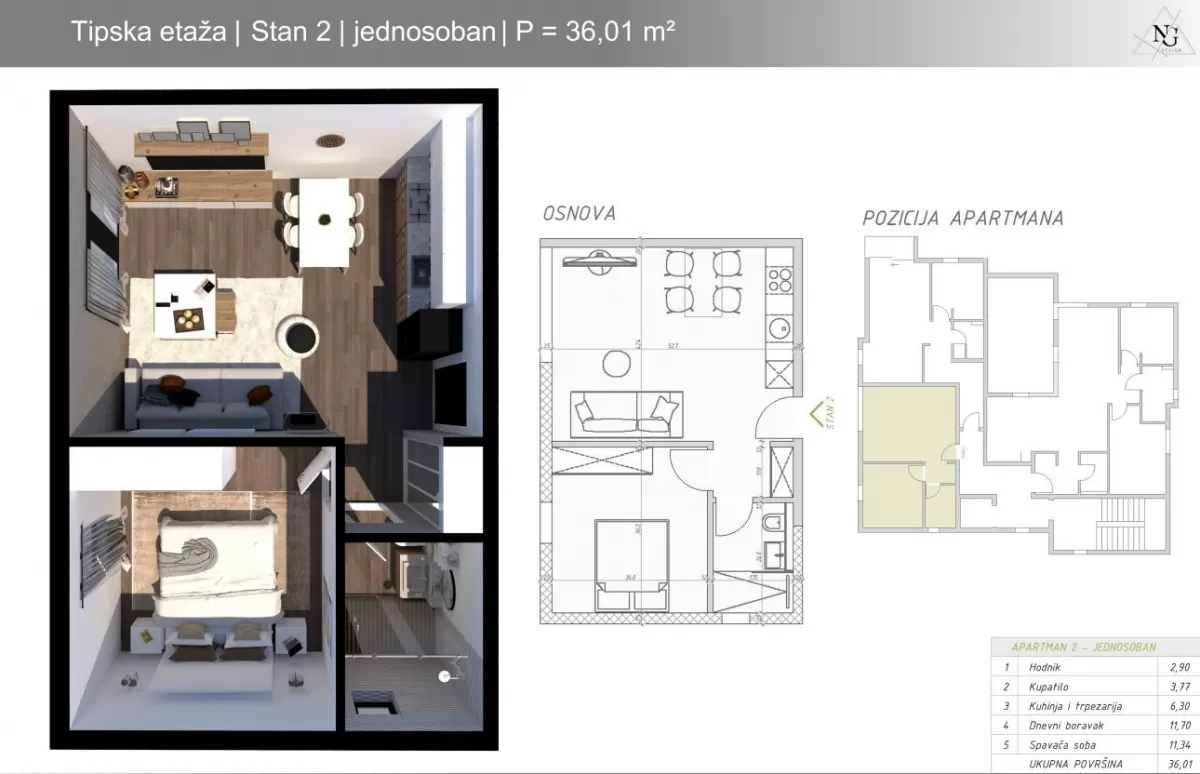 Skica jednosobnog stana povrsine 36m2