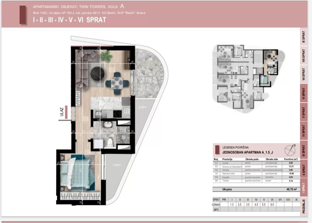 Skica jednosobnog stana povrsine 40,70m2