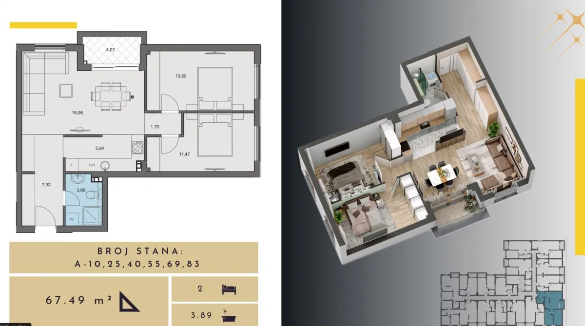 Skica i polozaj dvosobnog stana povrsine 67.49m2