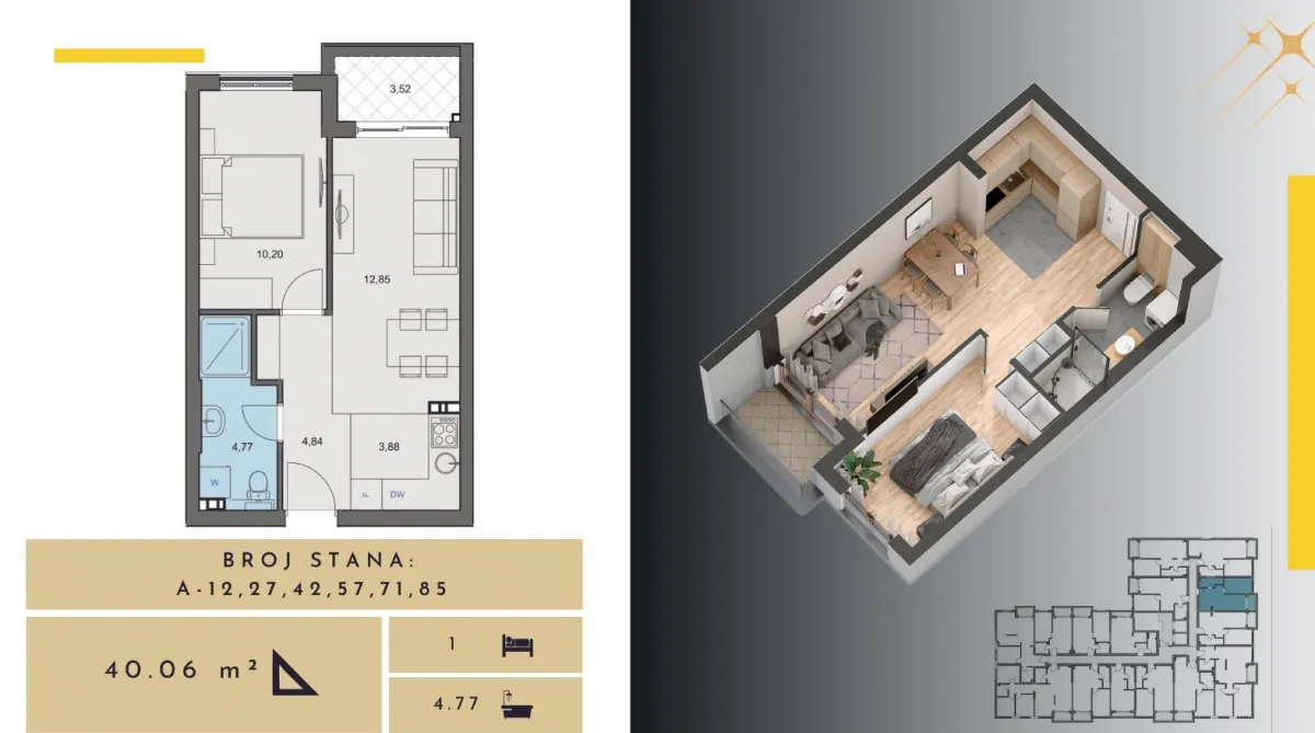 Skica i polozaj Jednosobnog stana povrsine 40m2