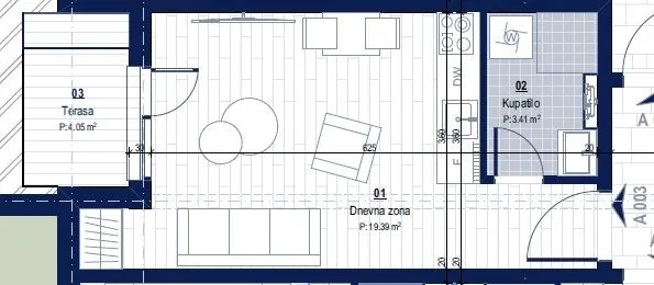 Skica garsonjere od 26m2