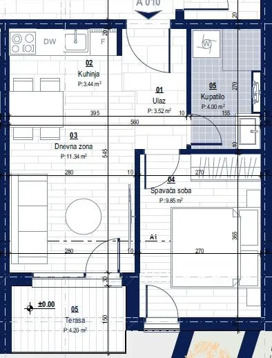 Skica jednosobnog stana od 36m2