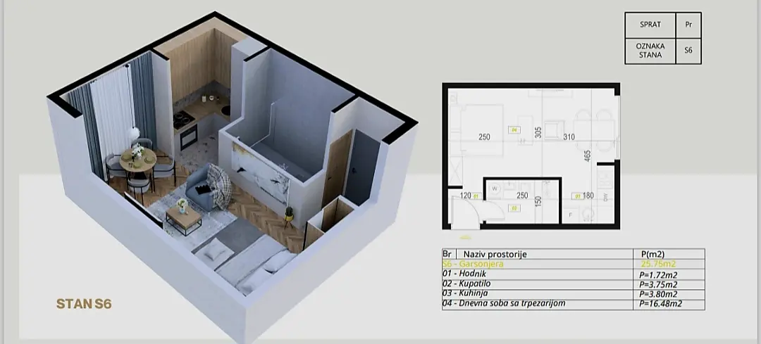 Skica garsonjere od  25m2