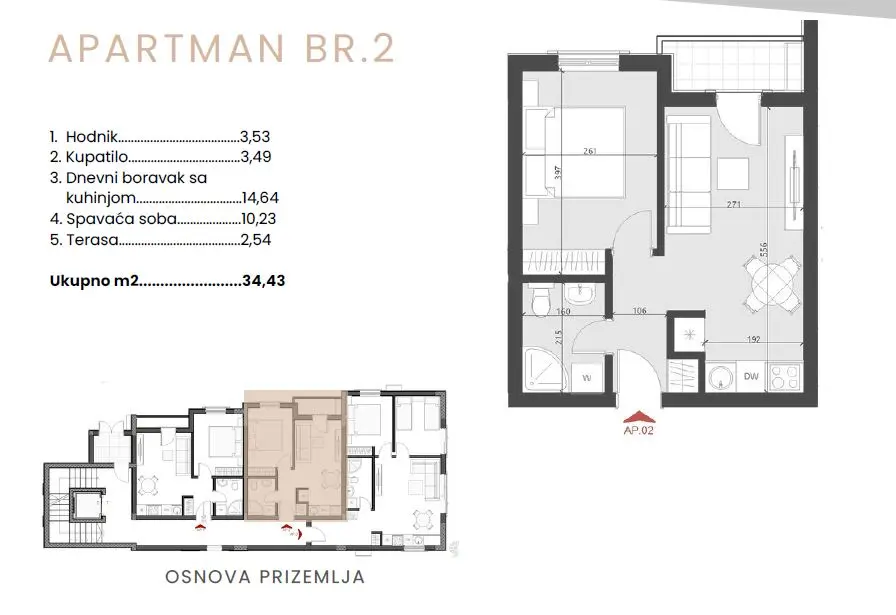 Skica stana od 35m2 i njegova pozicija 