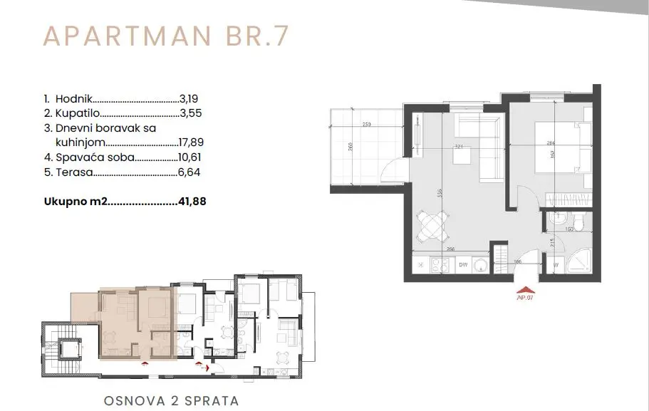 Skica stana od 42m2 i njegova pozicija 