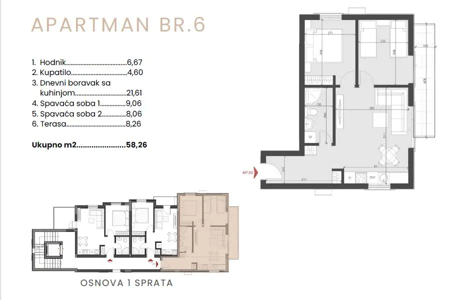 Skica stana od  58m2 i njegova pozicija 